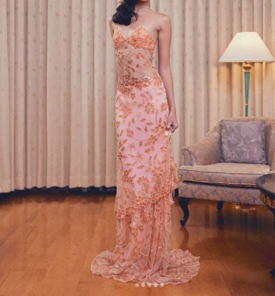 Gorgeous Lace Beaded Spaghetti Straps Tulle Sheath Long Prom Dress Charming Evening Party Dress ED02106