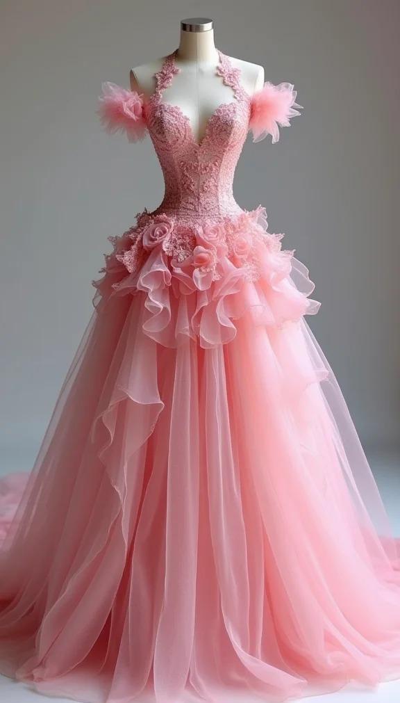 Sweet Peach V-Neck A-Line Lace Tulle Wedding Dress Long Prom Dresses ED02108