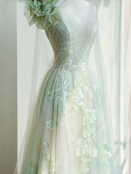 Fairytale Light Green One Shoulder A-Line Tulle Applique Wedding Dress Formal Evening DressED02109
