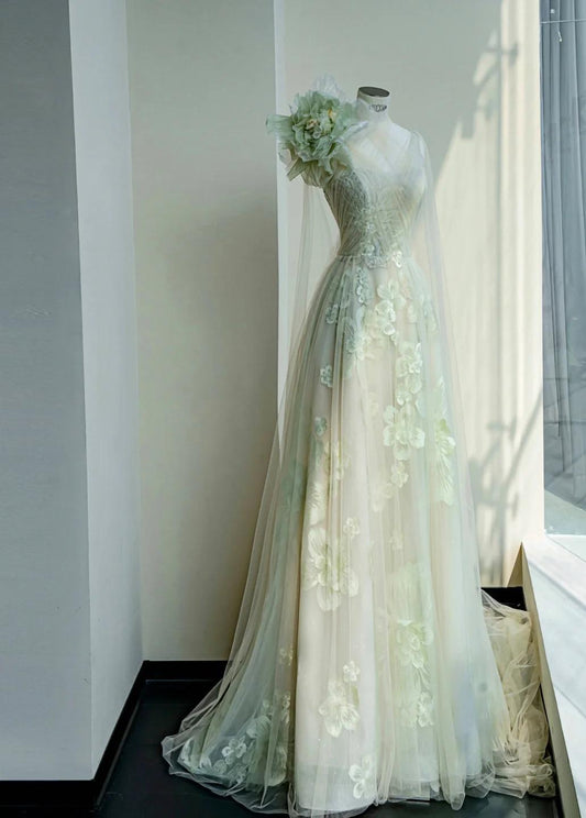 Fairytale Light Green One Shoulder A-Line Tulle Applique Wedding Dress Formal Evening DressED02109