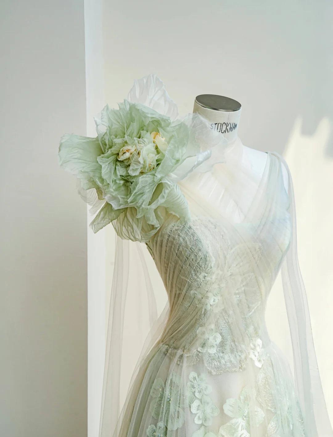 Fairytale Light Green One Shoulder A-Line Tulle Applique Wedding Dress Formal Evening DressED02109