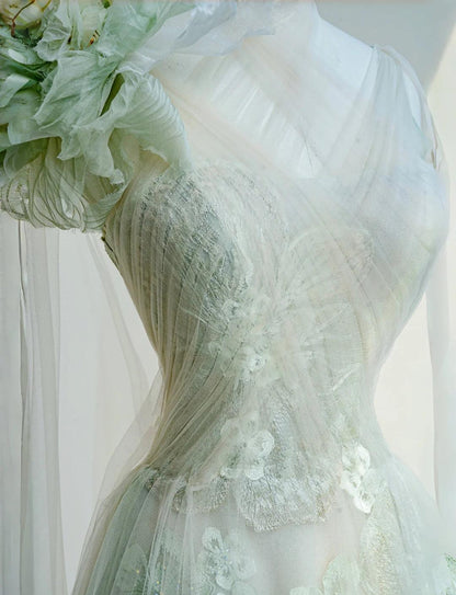 Fairytale Light Green One Shoulder A-Line Tulle Applique Wedding Dress Formal Evening DressED02109