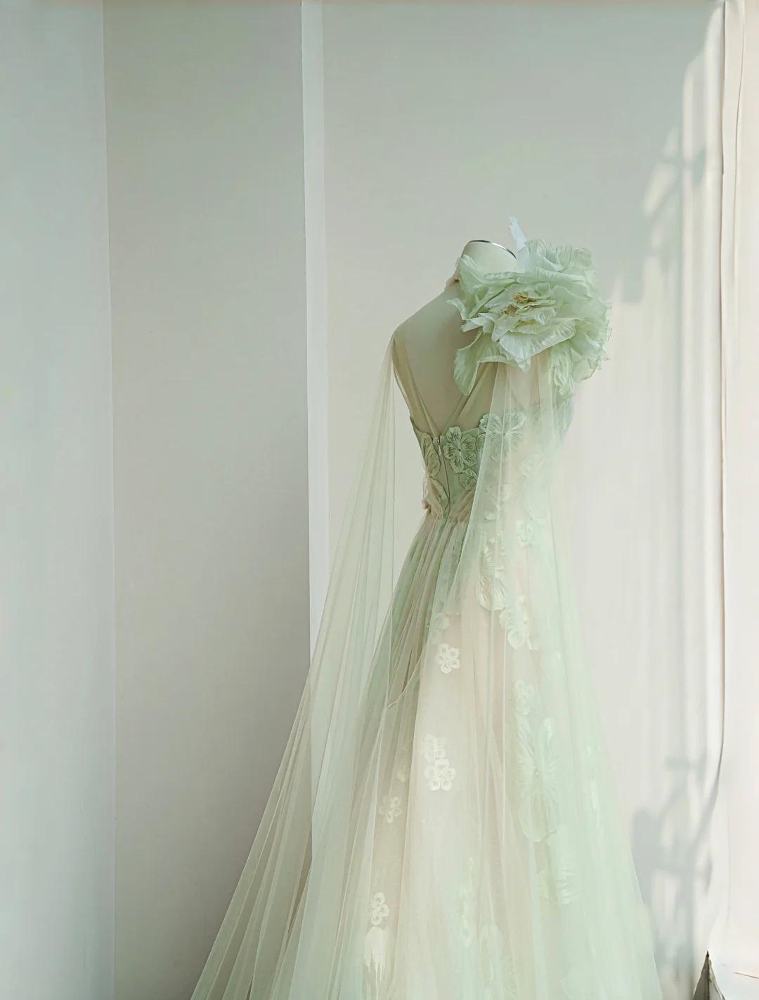 Fairytale Light Green One Shoulder A-Line Tulle Applique Wedding Dress Formal Evening DressED02109
