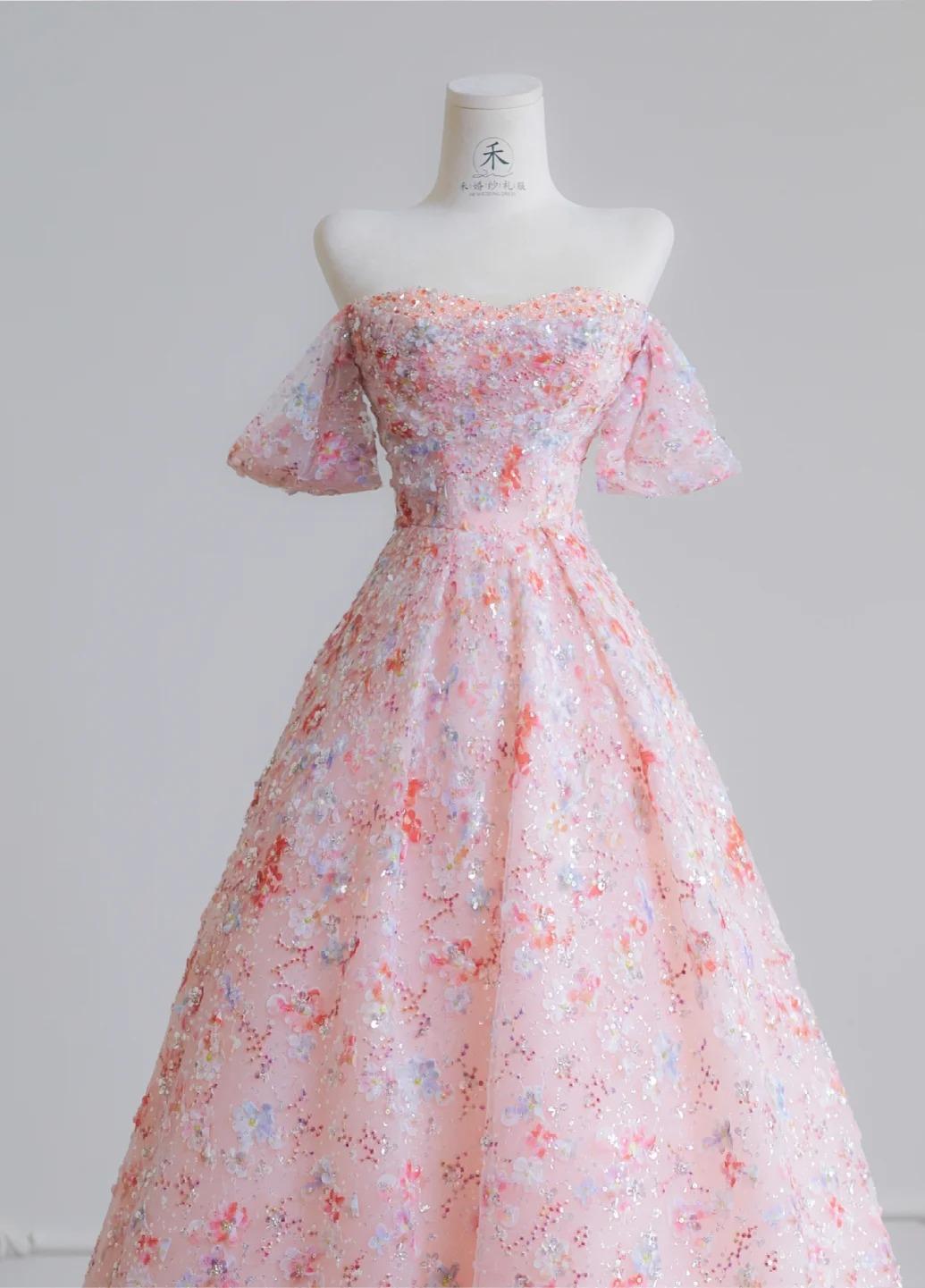 Gorgeous Pink Off-the-shoulder A-Line Tulle Sequin Applique Wedding Dress Sweet 16 Dresses ED02110