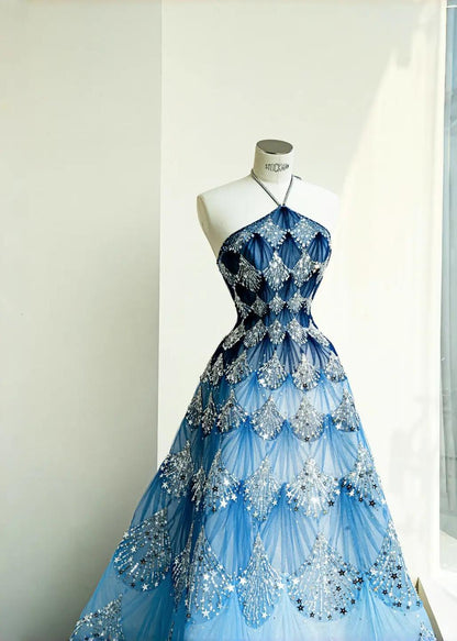 Fashionable Ocean Blue Halter A-Line Tulle Sequin Wedding Dress Long Prom Dress ED02111