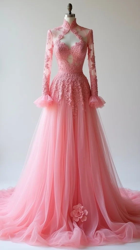 Chic Peach Sweetheart A-Line Tulle Lace Applique Wedding DressED02112