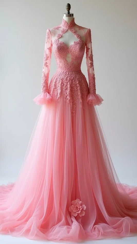 Chic Peach Sweetheart A-Line Tulle Lace Applique Wedding DressED02112