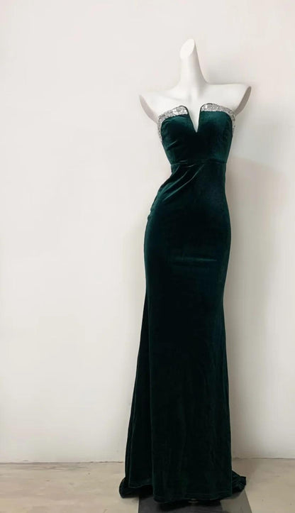 Elegant Dark Green Strapless Mermaid Velvet Long Evening Dress ED02113