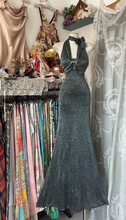 Modern Halter Black Grey Sheath Backless Long Party Dress Cocktail Dress ED02114