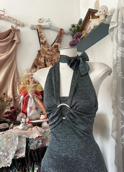 Modern Halter Black Grey Sheath Backless Long Party Dress Cocktail Dress ED02114