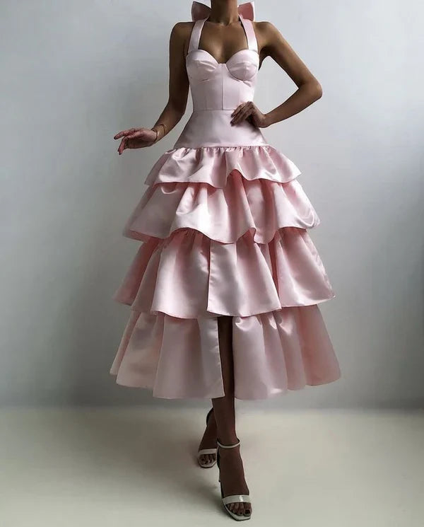 Pink A-Line Halter Tiered Satin Empire-Waist Sleeveless Prom Dress Bridesmaid Dress with Bow  ED02118