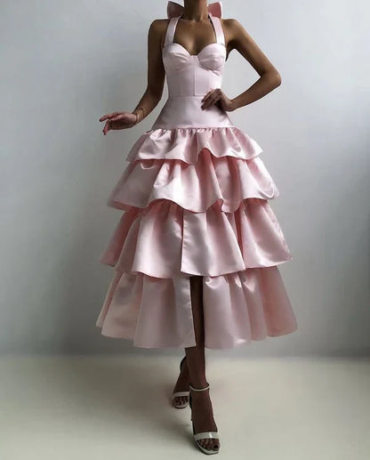 Pink A-Line Halter Tiered Satin Empire-Waist Sleeveless Prom Dress Bridesmaid Dress with Bow  ED02118