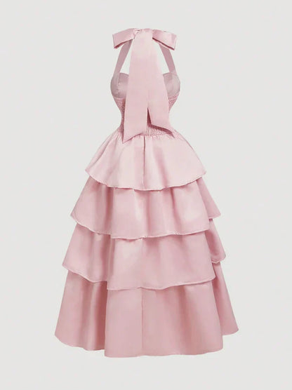 Pink A-Line Halter Tiered Satin Empire-Waist Sleeveless Prom Dress Bridesmaid Dress with Bow  ED02118