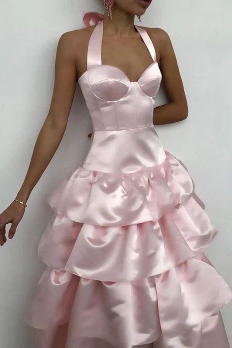 Pink A-Line Halter Tiered Satin Empire-Waist Sleeveless Prom Dress Bridesmaid Dress with Bow  ED02118