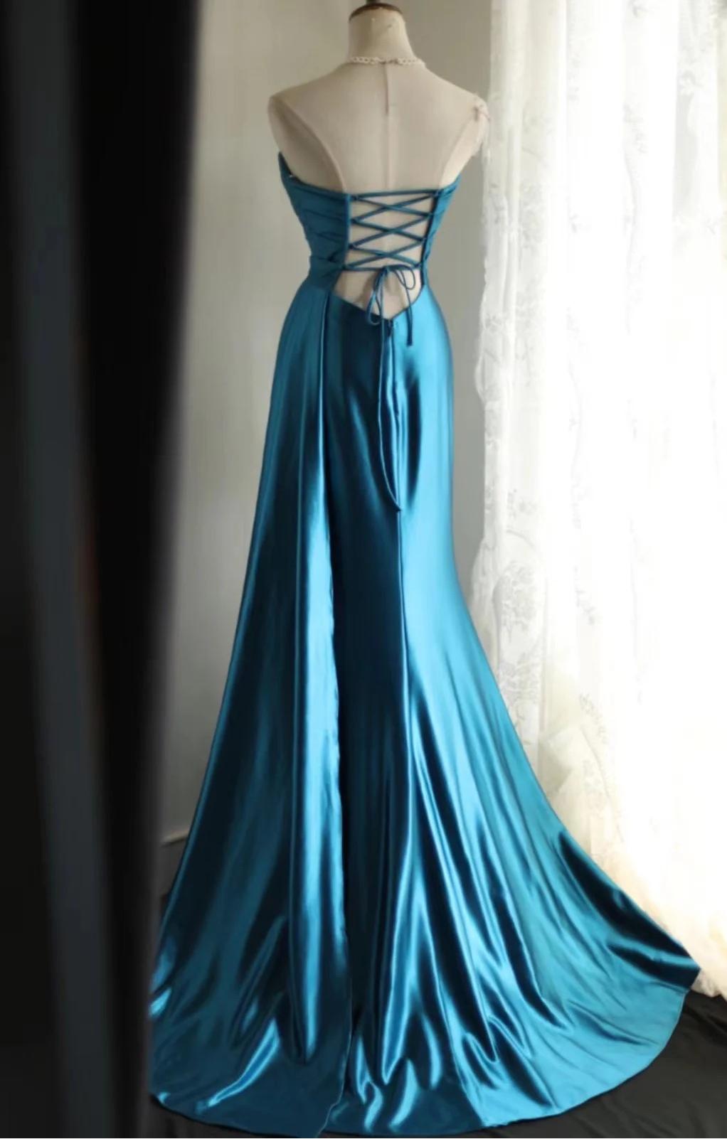 Elegant Satin Mermaid Long Evening Dresses Turquoise Sweetheart Open Back Prom Dresses  ED02120