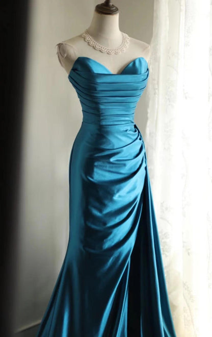 Elegant Satin Mermaid Long Evening Dresses Turquoise Sweetheart Open Back Prom Dresses  ED02120