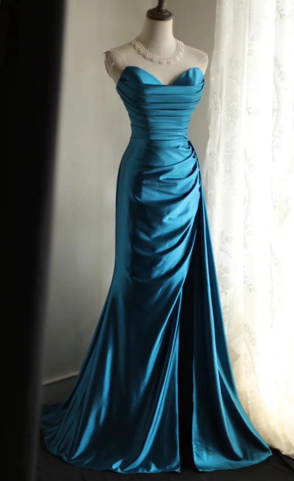 Elegant Satin Mermaid Long Evening Dresses Turquoise Sweetheart Open Back Prom Dresses  ED02120