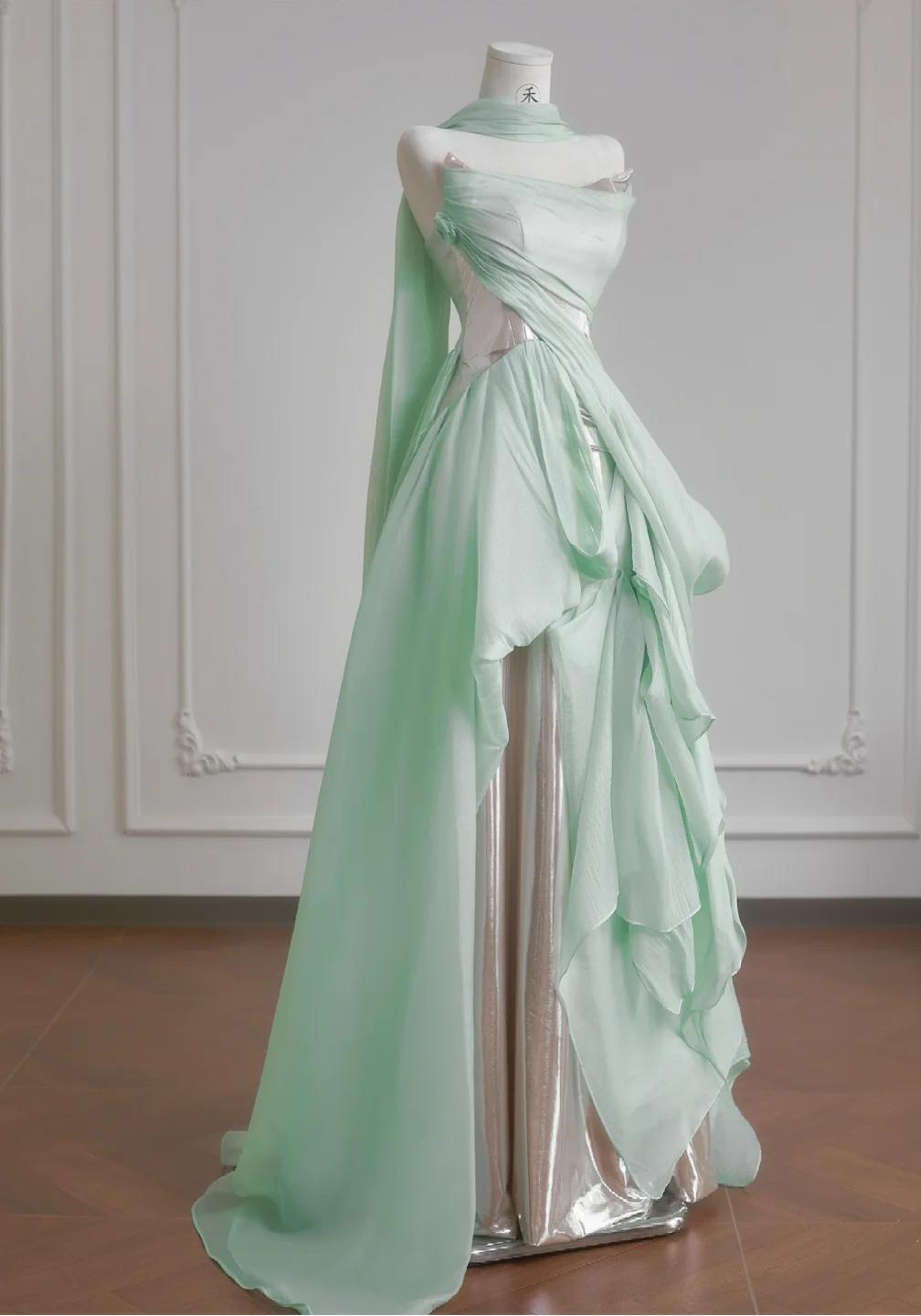 Unique Light Green A-Line Wedding Dresses Sweet Chiffon Strapless Long Prom Dresses  ED02121
