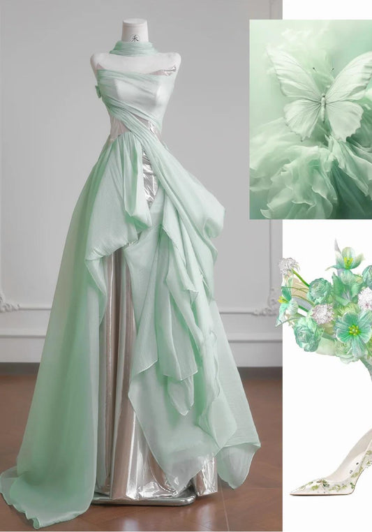Unique Light Green A-Line Wedding Dresses Sweet Chiffon Strapless Long Prom Dresses  ED02121