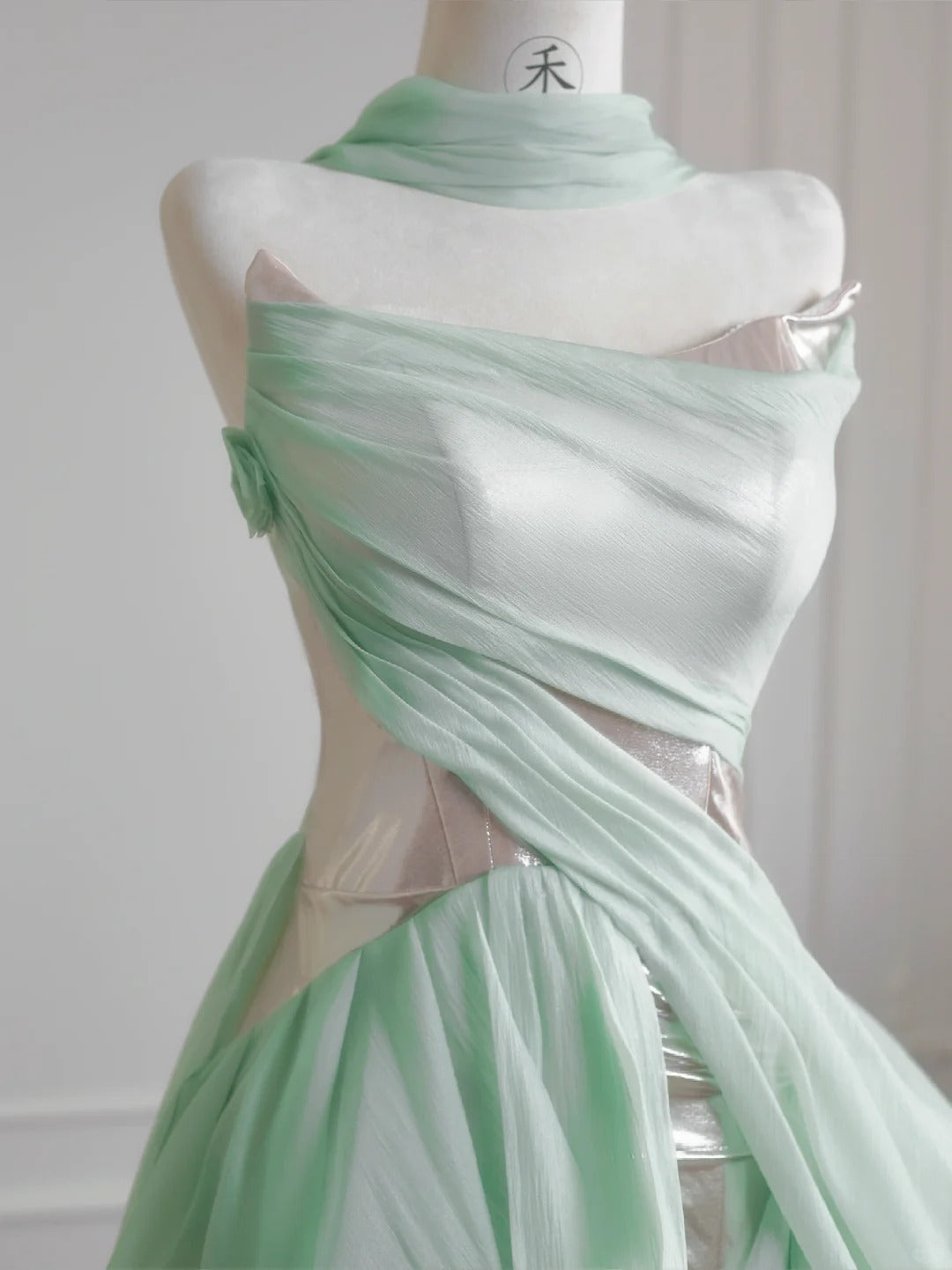 Unique Light Green A-Line Wedding Dresses Sweet Chiffon Strapless Long Prom Dresses  ED02121