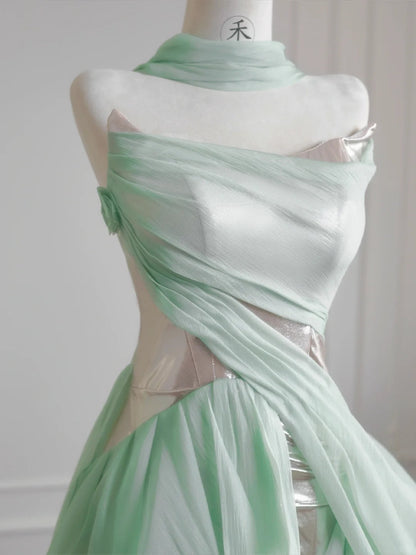 Unique Light Green A-Line Wedding Dresses Sweet Chiffon Strapless Long Prom Dresses  ED02121