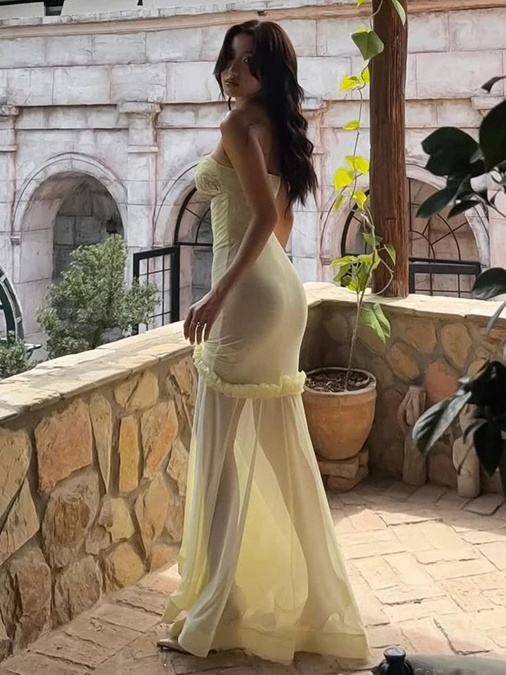 Sexy Yellow Chiffon Mermaid Evening Dress Chic Strapless Party Dress ED02127