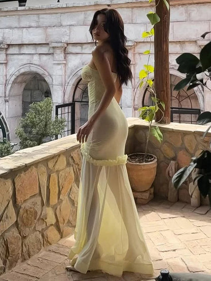Sexy Yellow Chiffon Mermaid Evening Dress Chic Strapless Party Dress ED02127