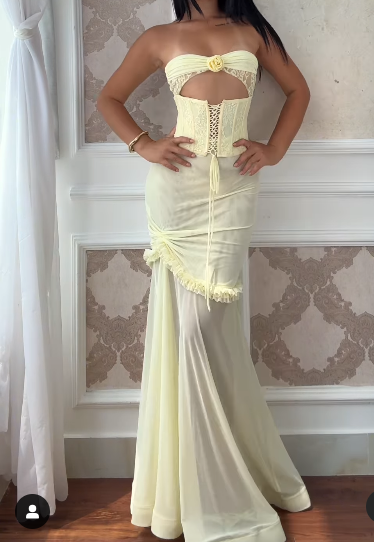 Sexy Yellow Chiffon Mermaid Evening Dress Chic Strapless Party Dress ED02127