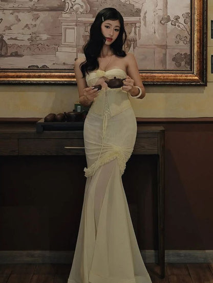 Sexy Yellow Chiffon Mermaid Evening Dress Chic Strapless Party Dress ED02127