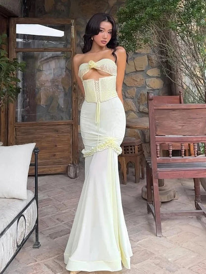 Sexy Yellow Chiffon Mermaid Evening Dress Chic Strapless Party Dress ED02127