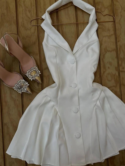 Vintage White V-neck Satin Backless A-line Party Dresses Beautiful Homecoming Dress ED02128