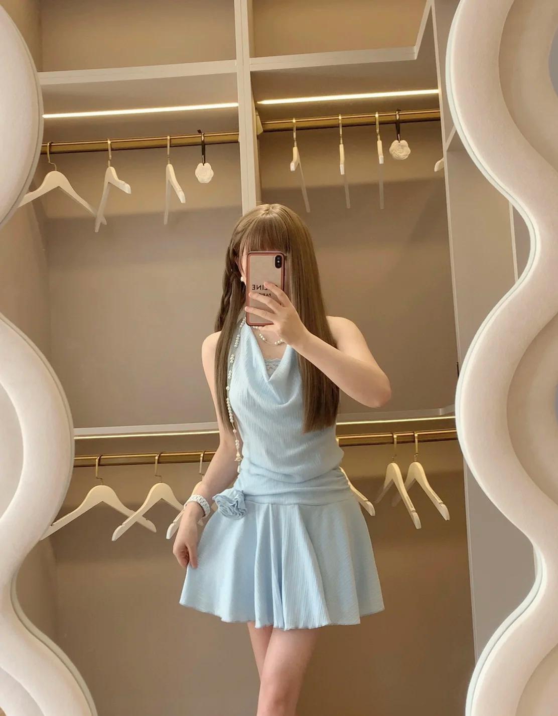 Gorgeous Light Blue Halter Neck Chiffon Backless Homecoming Dress Short Party Dress ED02134