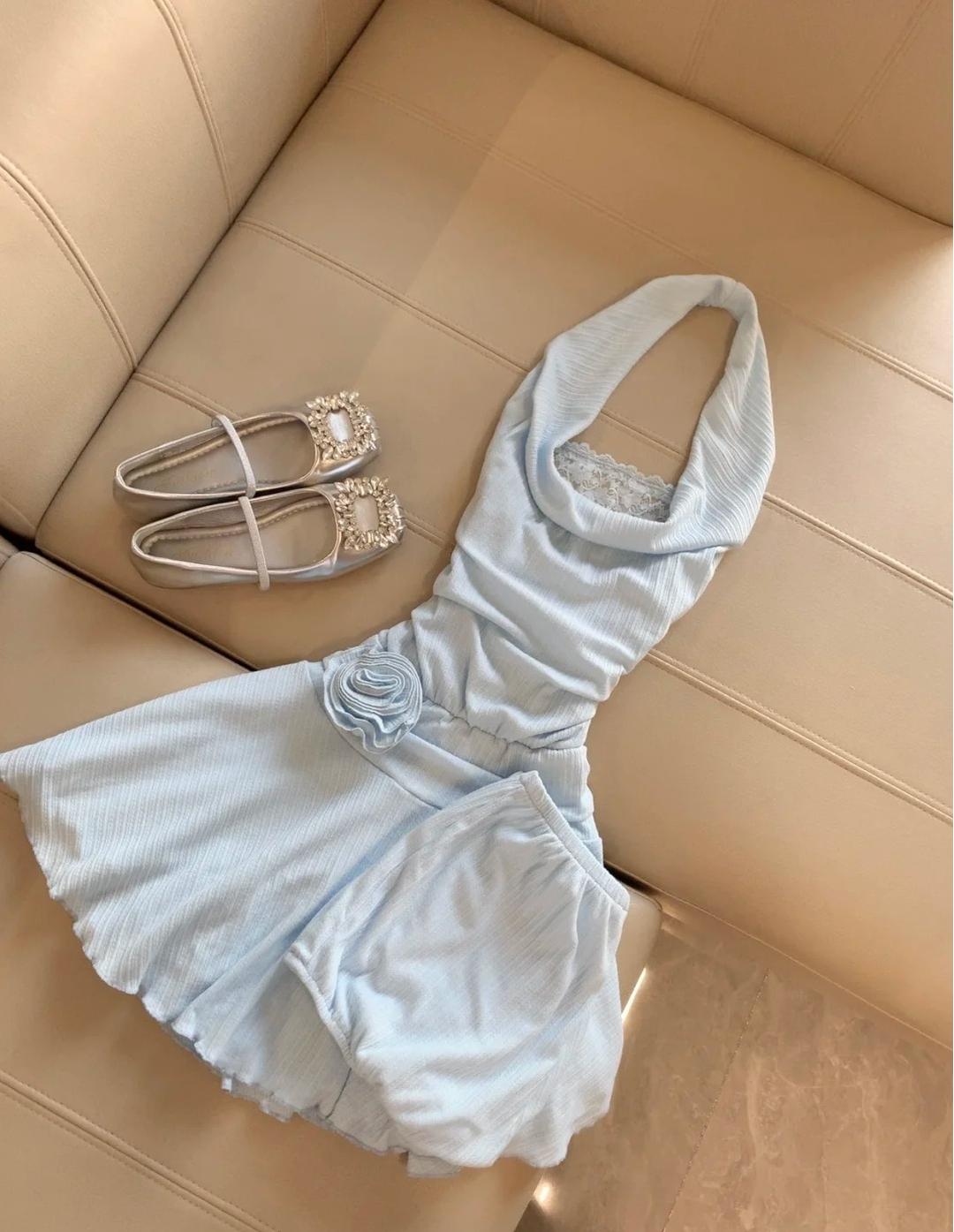 Gorgeous Light Blue Halter Neck Chiffon Backless Homecoming Dress Short Party Dress ED02134