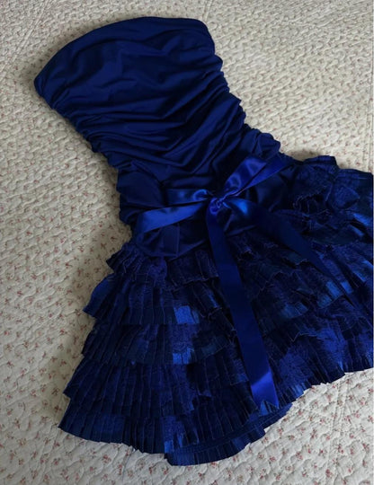 Vintage Dark Sapphire Strapless Chiffon Lace Short Prom Dresses Sweet Homecoming Dresses ED02135