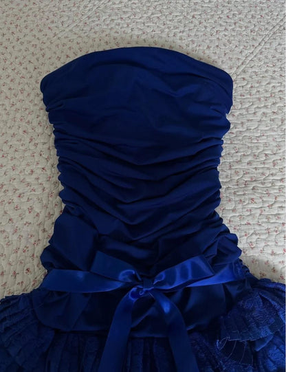 Vintage Dark Sapphire Strapless Chiffon Lace Short Prom Dresses Sweet Homecoming Dresses ED02135