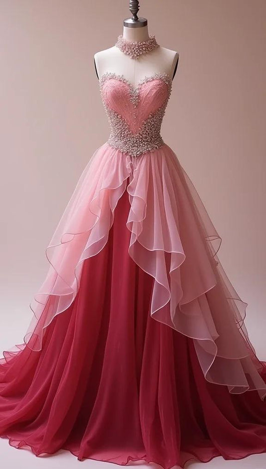Gorgeous Peach Strapless Sweetheart A-Line Wedding Dress Beaded Tulle Long Prom Dresses ED02136