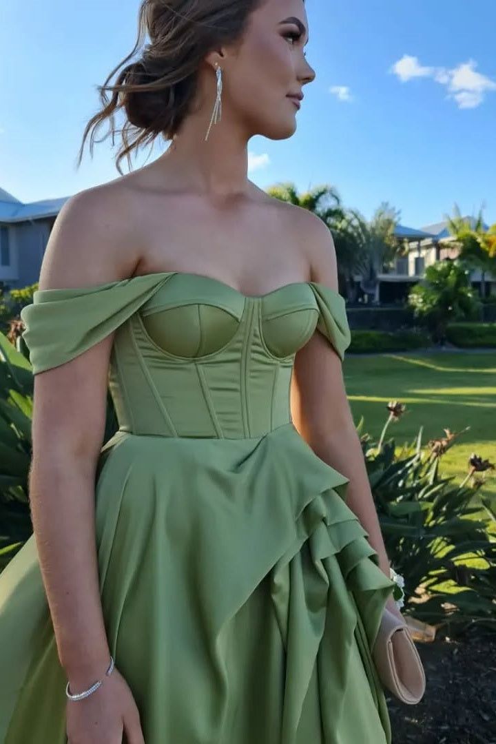 Beautiful Green Off-the-shoulder Satin A-Line Party Dresses with Slits ED02139