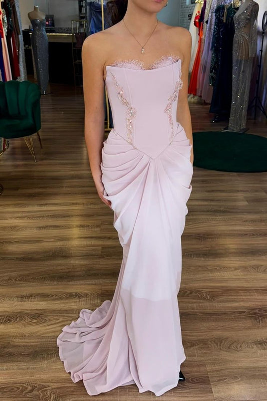 Pink Strapless Chiffon Mermaid Long Evening Dress ED02140