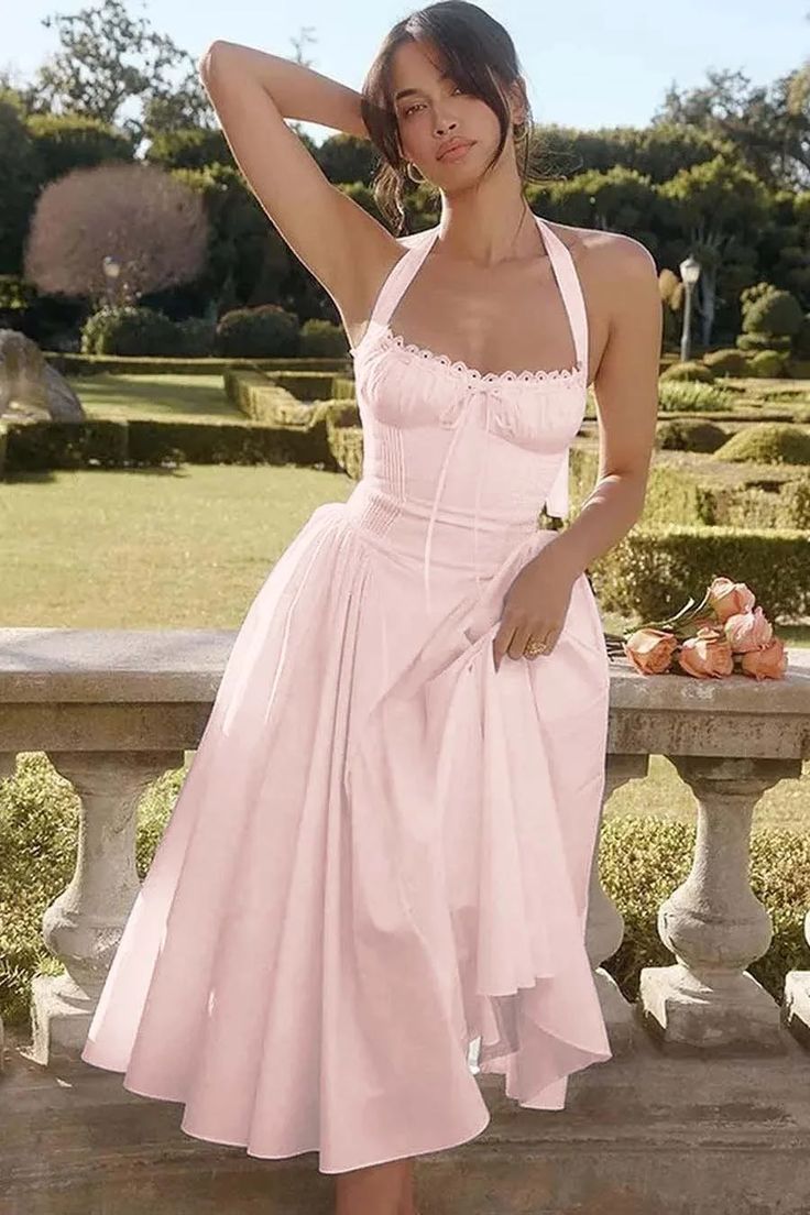 Sweet Pink A-Line Halter Satin Cocktail Prom Dresses Simple Party Dresses ED02143