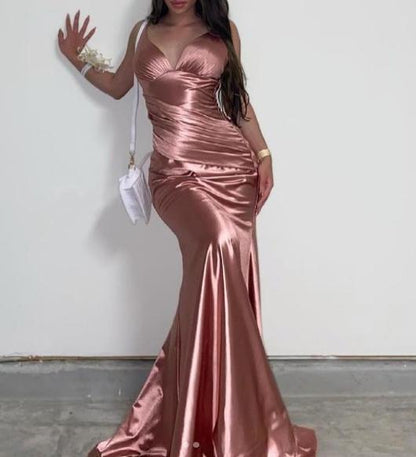 Shiny Satin V-Neck Backless Mermaid Evening Dress Stunning Party Dresses ED02145