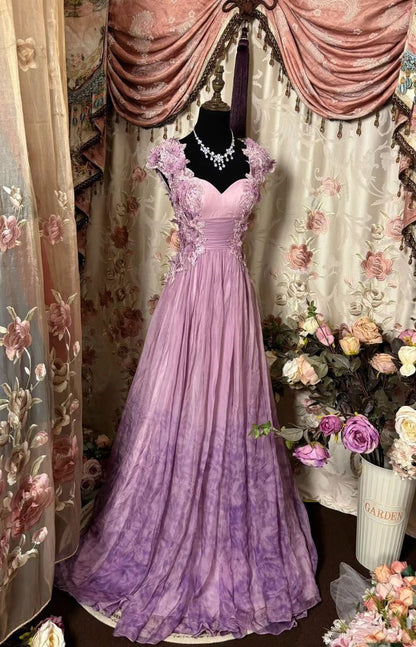 Pretty Purple Chiffon Applique Sweetheart A-Line Long Prom Dresses Formal Evening Gown ED02147