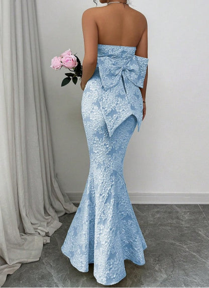 Elegant Blue Mermaid Strapless Jacquard Satin Formal Evening Dress Gorgeous Party Dress ED02151
