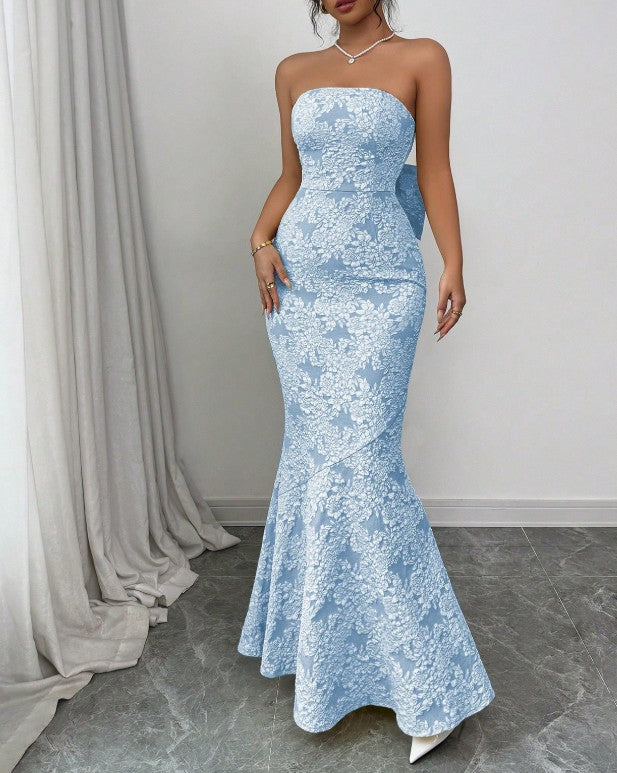 Elegant Blue Mermaid Strapless Jacquard Satin Formal Evening Dress Gorgeous Party Dress ED02151