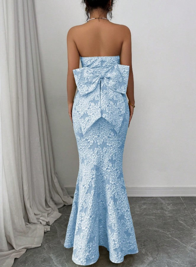 Elegant Blue Mermaid Strapless Jacquard Satin Formal Evening Dress Gorgeous Party Dress ED02151