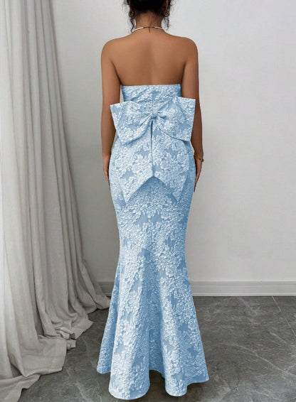 Elegant Blue Mermaid Strapless Jacquard Satin Formal Evening Dress Gorgeous Party Dress ED02151