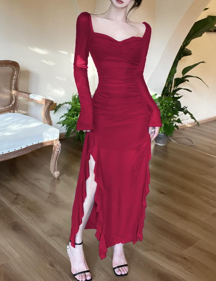 Enchanted Purple Square Neck Chiffon Long Sleeve Bodycon Party Dresses ED02152