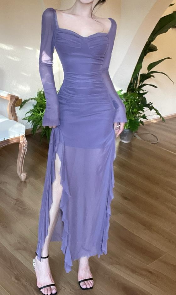 Enchanted Purple Square Neck Chiffon Long Sleeve Bodycon Party Dresses ED02152