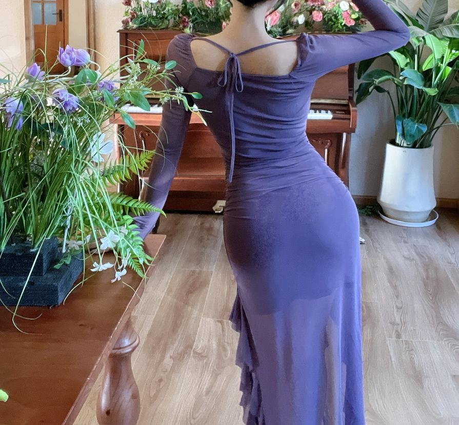 Enchanted Purple Square Neck Chiffon Long Sleeve Bodycon Party Dresses ED02152