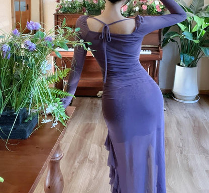 Enchanted Purple Square Neck Chiffon Long Sleeve Bodycon Party Dresses ED02152