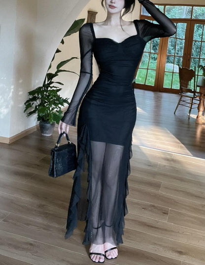 Enchanted Purple Square Neck Chiffon Long Sleeve Bodycon Party Dresses ED02152